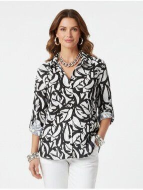 CHICO's 100% Linen Leaf Print Blouse in Black and White, Size 2.5 - US 14/Large